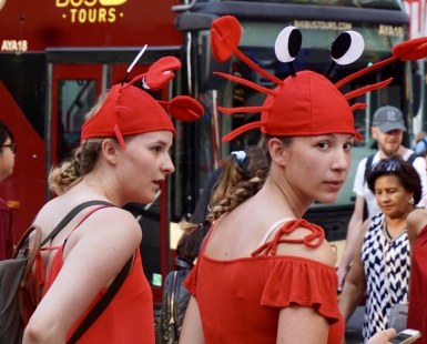 Two Girls in Red Costume at Times Square