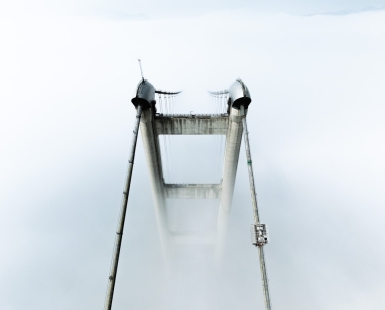 Majestic Tsing Ma Bridge in the Seafog